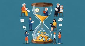 Ilustración de un reloj de arena donde figuras de adultos mayores con libros y relojes transfieren conocimiento a jóvenes con dispositivos digitales y emojis.