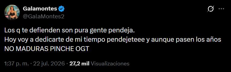 Gala Montes ataca a las personas que defienden a su hermana Beba Montes a través de redes sociales (Captura de pantalla: X/@GalaMontes2)