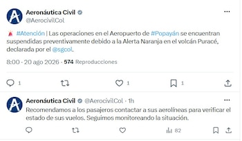 Las operaciones del Aeropuerto de Popayán, Guillermo León Valencia, fueron suspendidas de forma preventiva la mañana del 20 de agosto de 2026 por la alerta naranja en el volcán Puracé, en medio de un incremento sostenido de su actividad - crédito @AerocivilCol/X