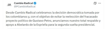 El Partido Cambio Radical anunció su respaldo a Abelardo de la Espriella para la segunda vuelta presidencial, tras conocerse los resultados de la primera jornada electoral - crédito @PCambioRadical/X