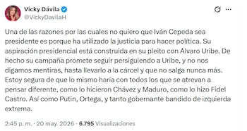 Vicky Dávila publicó un mensaje de tono crítico en el que dejó ver sus reparos frente a una eventual llegada de Iván Cepeda a la Presidencia - crédito @VickyDavilaH/X