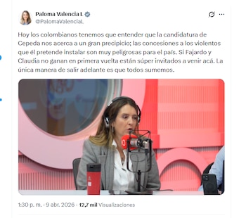 La candidata Paloma Valencia aseguró que su campaña llama a participar a quienes deseen sumarse a su proyecto político, incluidos los "petristas" - crédito @PalomaValenciaL/X