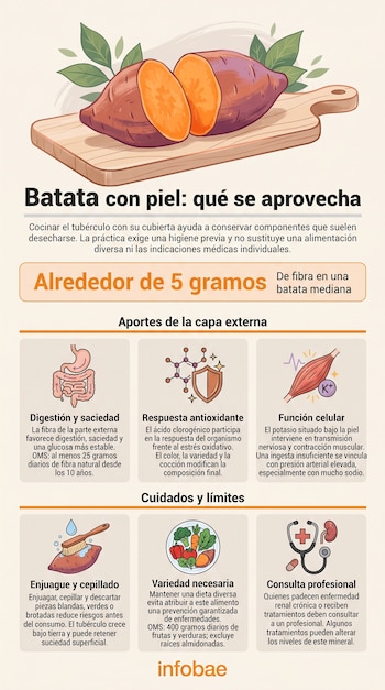 Infografía sobre la batata que incluye una ilustración del tubérculo cortado en una tabla y seis recuadros explicativos con íconos.