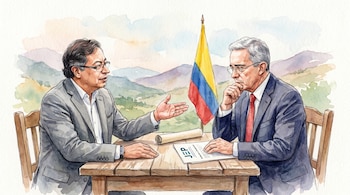 Ilustración acuarela de Gustavo Petro y Álvaro Uribe en una mesa con una bandera colombiana y un documento de la JEP.