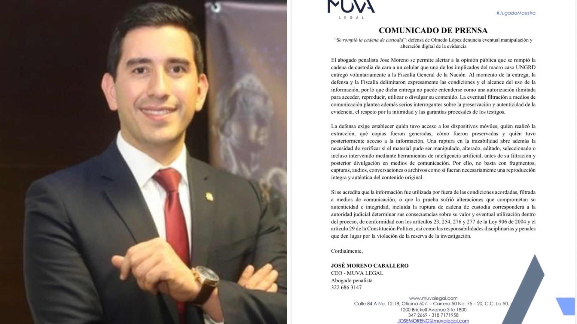 Este fue el comunicado de José Moreno Caballero, defensa de Olmedo López - crédito @JoseMorenoCab/X