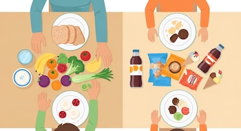 Vista cenital de mesa con alimentos saludables como frutas y verduras a la izquierda, y snacks y bebidas azucaradas a la derecha. Manos adultas e infantiles.