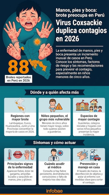 Ilustración de un niño llorando con sarpullido en la cara, manos y pies, sobre un mapa de Perú que indica brotes del virus Coxsackie.