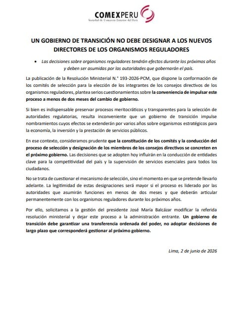 Gremios empresariales como ComexPerú critican la medida por adoptarse a menos de dos meses del cambio de administración y con efectos de cinco años.