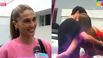Imagen dividida que muestra a una mujer con suéter rosa frente a un micrófono y a una pareja abrazada al lado derecho