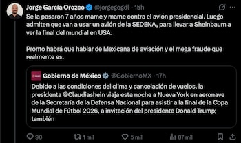 La Presidencia señala que el traslado se realiza en un equipo de la Sedena, luego de que se suspendiera el itinerario desde Cancún por el clima en esa ciudad de Estados Unidos