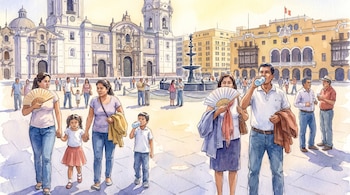 Acuarela de la Plaza de Armas de Lima con edificios coloniales. Personas, hombres, mujeres y niños, caminan, usan abanicos, beben de botellas de agua y llevan abrigos.