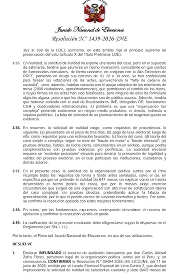 Documento oficial con el escudo de Perú y el texto Jurado Nacional de Elecciones, que muestra la resolución número 1439-2026-JNE