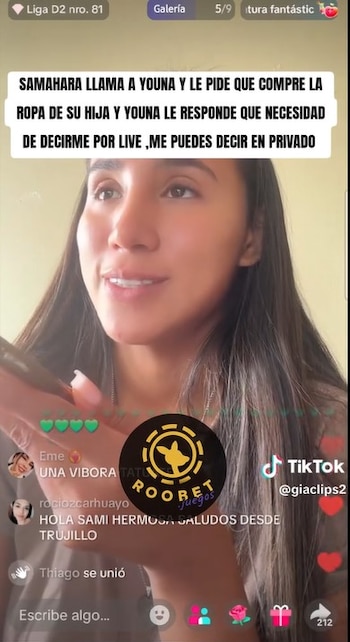 Primer plano de Samahara Lobatón hablando durante una transmisión en vivo de TikTok. Se ven comentarios, un logo de Roobet y el logo de TikTok