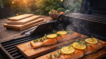 Primer plano de filetes de salmón cocinándose en una parrilla sobre tablas de madera, adornados con rodajas de limón y hierbas, con vapor ascendiendo.