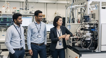 Tres investigadores, dos hombres y una mujer, de pie en un laboratorio con vestimenta casual-profesional. Junto a ellos, un dispositivo científico complejo y monitores con datos.