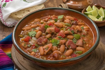 Un plato de barro con frijoles, trozos de carne y verduras, junto a tortillas de maíz, limones en rodajas y un textil colorido.