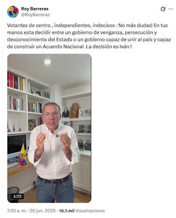 Barreras hizo el anuncio a través de redes sociales la mañana del sábado 19 de junio de 2026, un día antes de la jornada de elecciones presidenciales -crédito @RoyBarreras/X