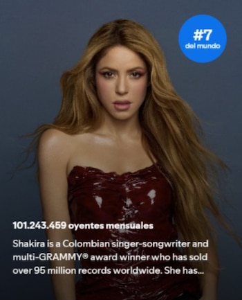 Shakira superó los 100 millones de oyentes mensuales en Spotify, siendo la primera vez que alcanza esta marca en su carrera - crédito Spotify