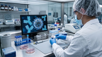 Un investigador con mascarilla sostiene un ratón blanco en una mesa de trabajo frente a una pantalla con la figura de un virus