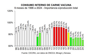 El 70,5% del total de la carne vacuna producida en la Argentina en los primeros nueve meses de 2024, se destinó al mercado interno (CICCRA)