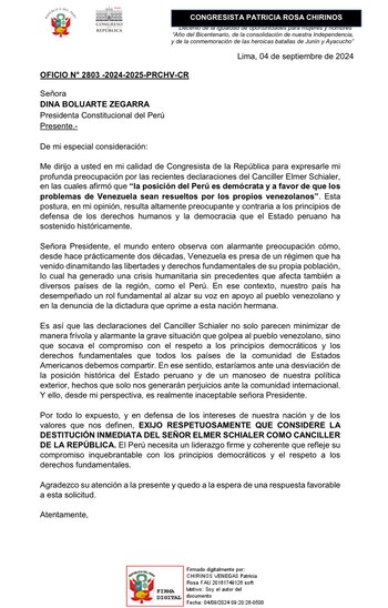 Patricia Chirinos pide renuncia de