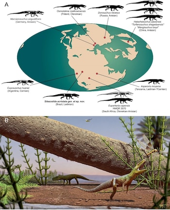 Mapa de Pangea con siluetas de reptiles y puntos de fósiles. Ilustración de reptiles prehistóricos, plantas, un tronco e insectos voladores