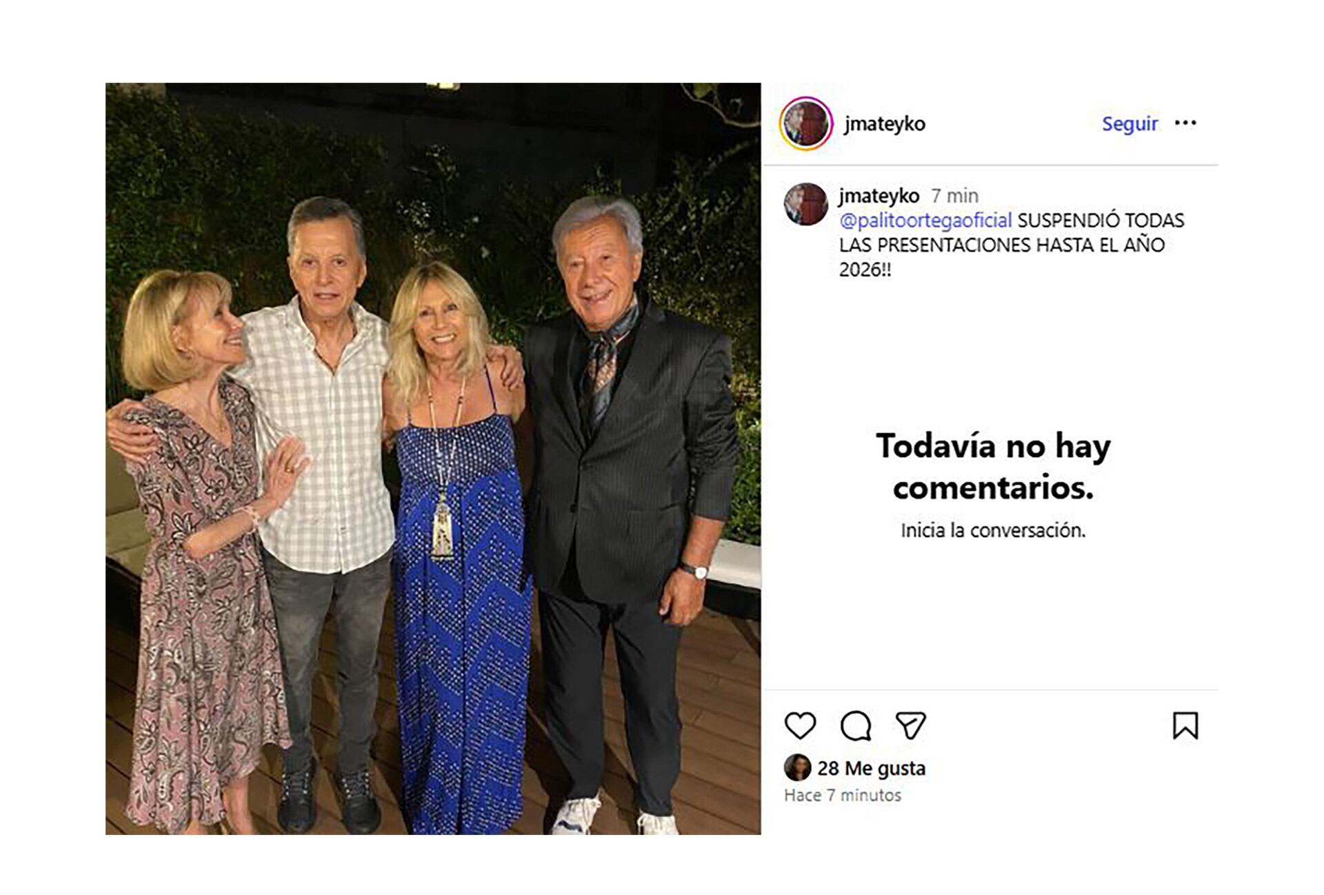 El anticipo de la suspensión de los shows de Palito Ortega que publicó Juan Alberto Mateyko con una foto donde se lo ve con la abogada Ana Rosenfeld