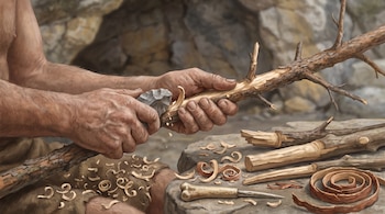 Unas manos masculinas sujetan una herramienta de piedra gris para tallar una rama de pino junto a virutas de madera y un punzón de hueso.