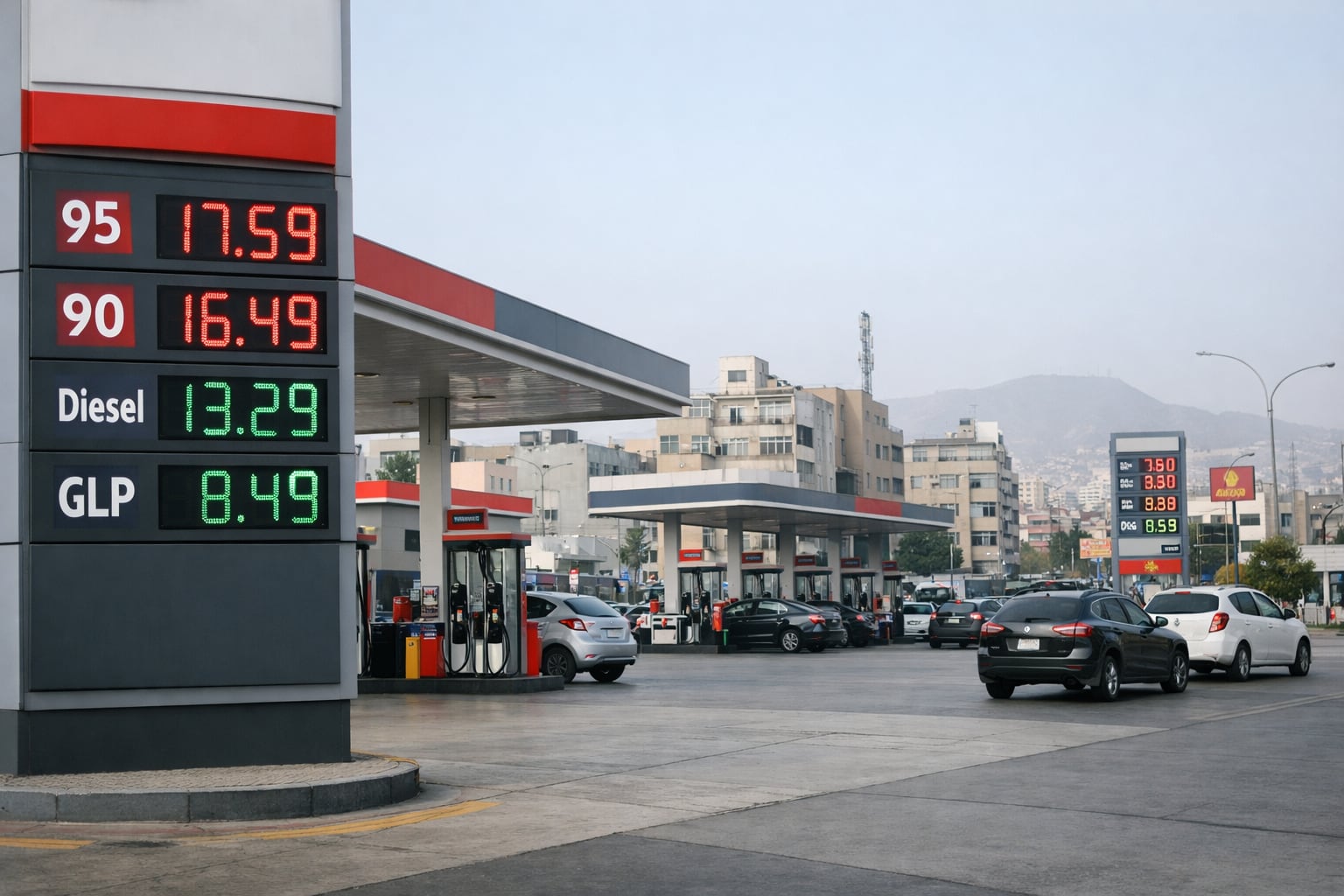 Vista general de una estación de servicio en Lima, Perú, mostrando letreros de precios digitales de combustibles como gasolina y diésel, con varios vehículos y la arquitectura urbana de fondo en un día despejado. (Imagen Ilustrativa Infobae)
