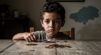 Un niño de pelo oscuro y piel morena sentado a una mesa de madera sostiene una cuchara, con manchas de líquido en la superficie y una pared oscura de fondo.