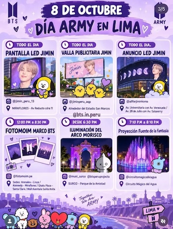 ARMY no se detiene tras el primer concierto de BTS: estas son las actividades que prepara Lima para este 8 de octubre. Captura: Lima ARMY en X.