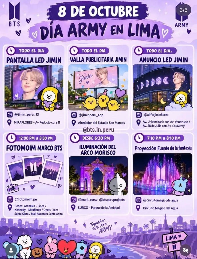 ARMY no se detiene tras el primer concierto de BTS: estas son las actividades que prepara Lima para este 8 de octubre. Captura: Lima ARMY en X.