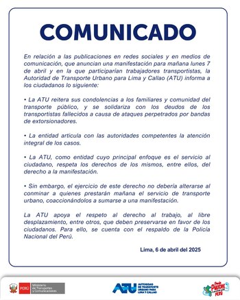 Comunicado de la ATU