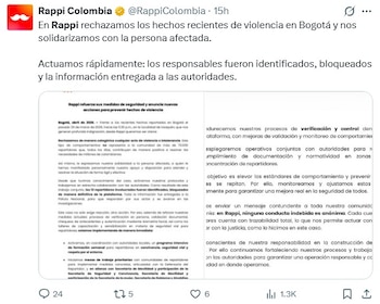 Comunicado oficial Rappi - crédito captura de pantalla @RappiColombia / X