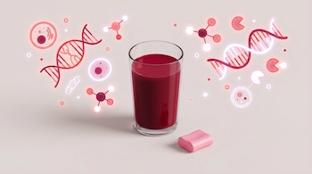 Un vaso de jugo de remolacha y un chicle rosado sobre una superficie clara, con ilustraciones de moléculas, cadenas de ADN y células.