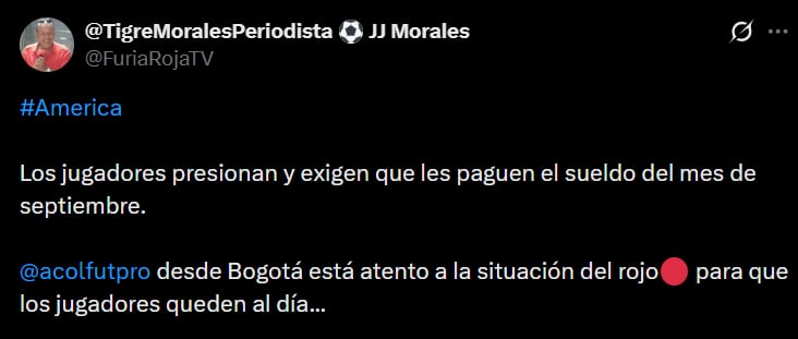 Los jugadores del América de Cali estarían reclamando el salario de septiembre antes de jugar contra Fortaleza por la Liga BetPlay - crédito @FuriaRojaTV/X