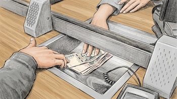 Ilustración de dos manos intercambiando billetes de pesos argentinos, como los de 2000 y 20000, a través de una ventanilla de atención bancaria.