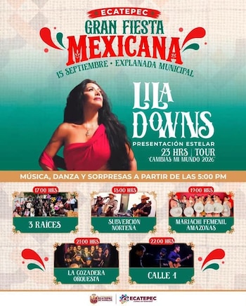 Cartel publicitario con la imagen de la cantante Lila Downs en vestido rojo y la programación de presentaciones musicales con sus horarios