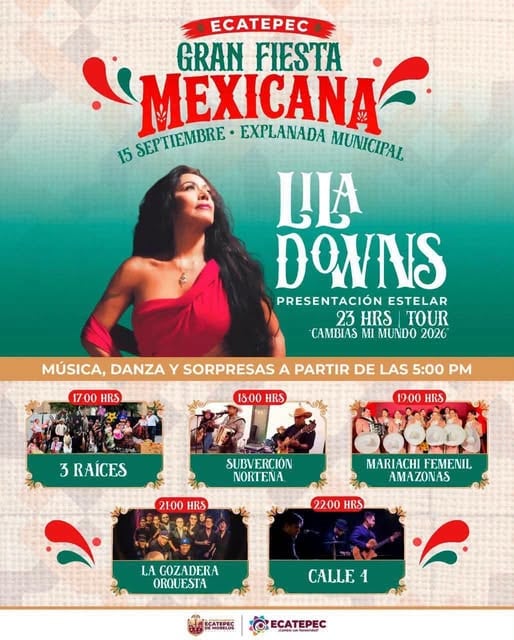 Un cartel promueve las actuaciones de Lila Downs y varios grupos musicales para las festividades del 15 de septiembre en la Explanada Municipal de Ecatepec. (Gobierno de Ecatepec)