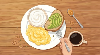 Vista aérea de un desayuno con huevos revueltos, tostada de aguacate con semillas, un tazón de yogur y café, sobre una mesa de madera. Una mano sostiene un tenedor.