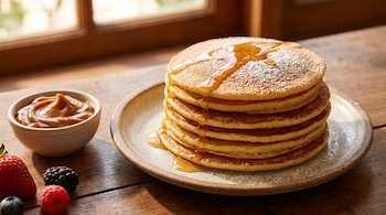 Panqueques de maicena apilados con sirope y azúcar en polvo en un plato. Cerca, un cuenco de dulce de leche y frutos rojos variados sobre una mesa de madera.