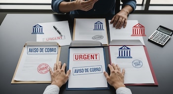 Mesa con sobres abiertos, papeles con sellos "URGENT" y "AVISO DE COBRO", logos de edificios, dos pares de manos, un bolígrafo y una calculadora.