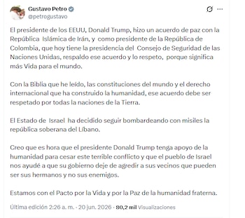El mandatario colombiano señaló que la comunidad internacional debe hacer esfuerzos para proteger la vida y la humanidad - crédito @petrogustavo/X