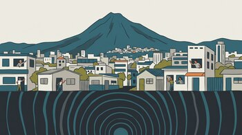 Ilustración de viviendas en una ciudad ante una montaña, con habitantes en puertas y ventanas sobre ondas concéntricas en el subsuelo.