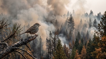 Un pájaro pequeño posado sobre una rama de pino frente a un bosque de coníferas cubierto por humo.