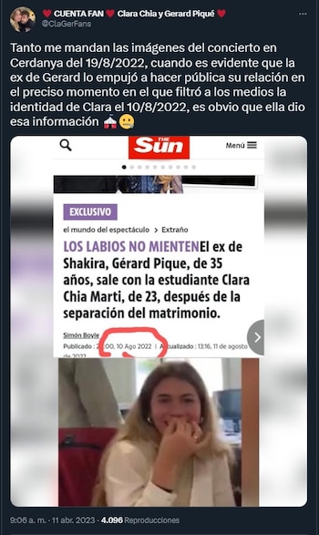 Una cuenta partidaría de Clara Chía y Gerard Piqué apuntó a Shakira como responsable de filtrar a los medios la identidad de la actual pareja del exfutbolista (@ClaGerFans/Twitter)