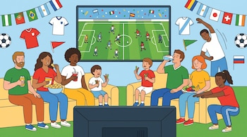 Ilustración plana de un grupo diverso viendo fútbol en TV con banderas de países y camisetas, algunos con bocadillos, otros con frutas y verduras, y algunos estirándose.