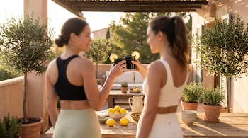 Dos mujeres brindan con vasos de limonada negra y rodajas de limón en una terraza exterior con mesa de madera, limones, plantas en macetas y luz solar.