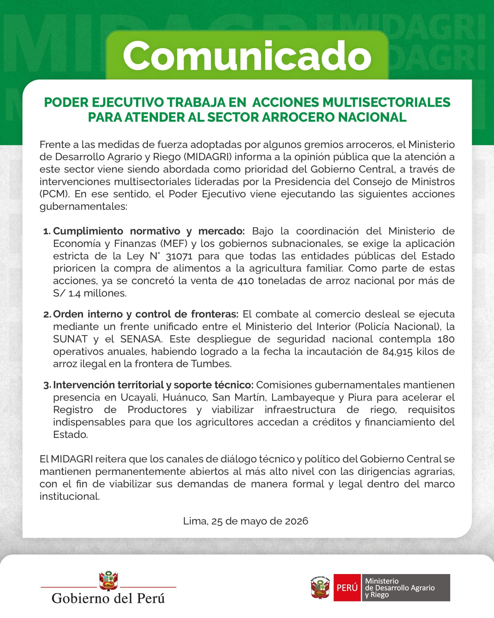 Un comunicado de MIDAGRI detalla las acciones multisectoriales del Poder Ejecutivo para abordar las demandas del sector arrocero y mitigar el impacto del paro agrario en Perú. (Midagri)