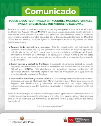 Comunicado oficial de MIDAGRI en Perú, con fondo verde y texto blanco, anunciando acciones gubernamentales para el sector arrocero, fechado 25 de mayo de 2026